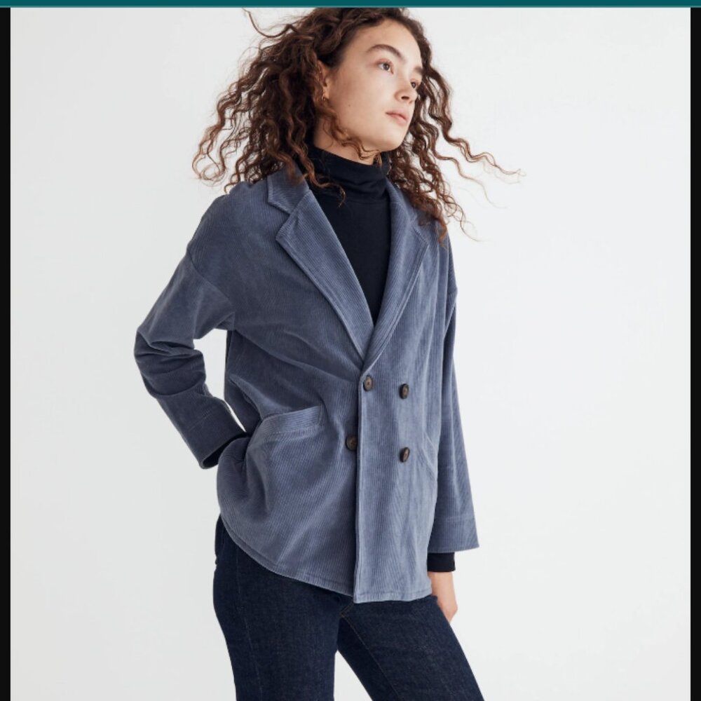 Madewell Corduroy Double-Breasted Blazer in Slate Blue